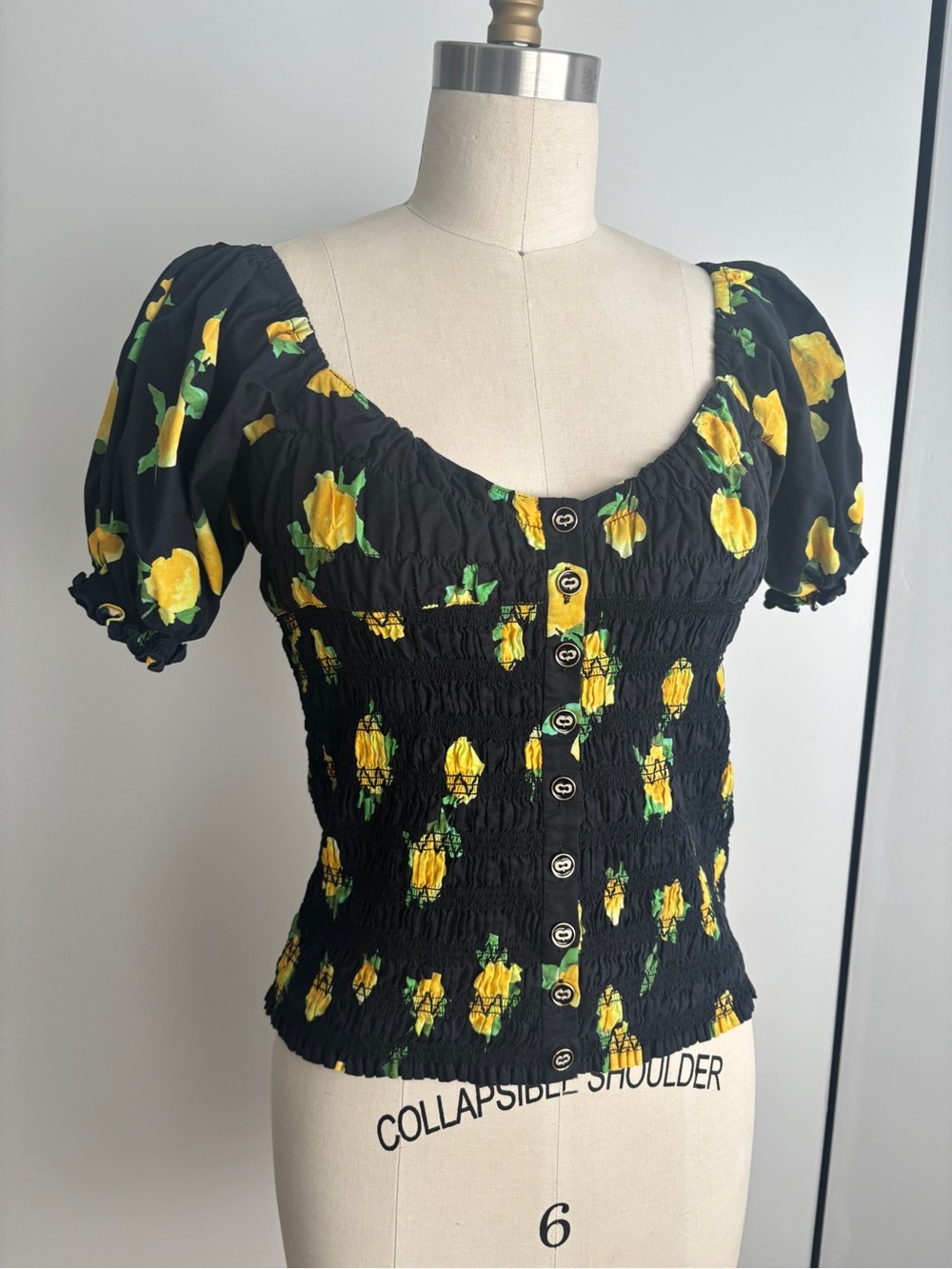 Caroline Constas Black Smocked Puff Sleeve Top with Yellow Floral Print